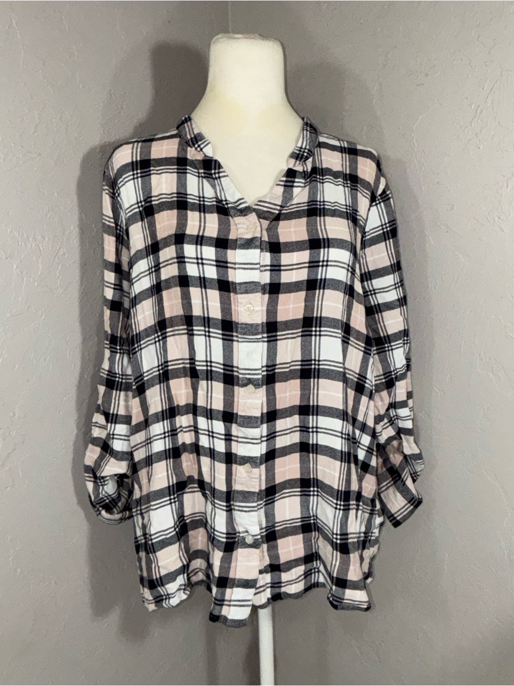Max Jeans Blush Pink and Black Plaid Button-Front Blouse